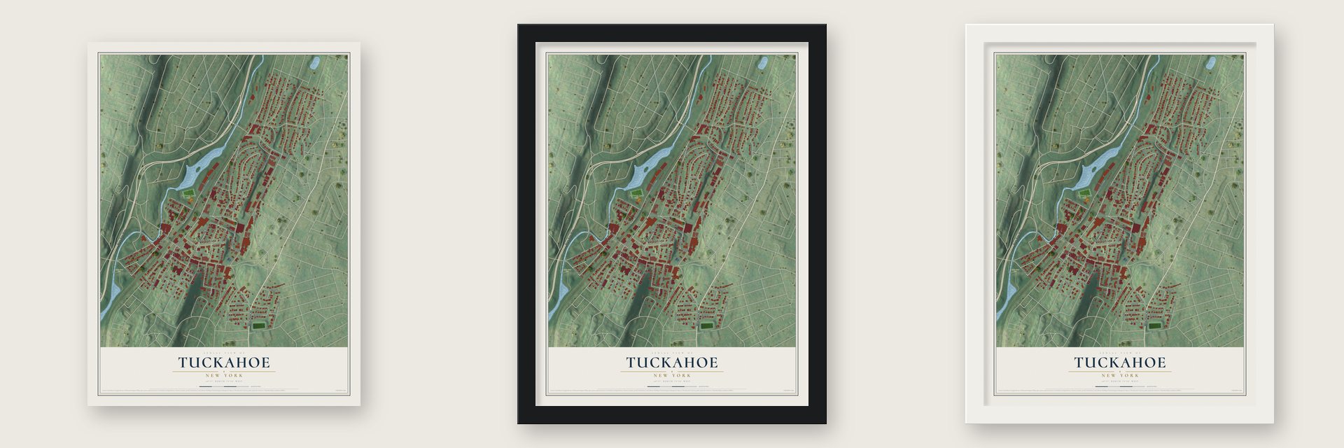 Tuckahoe, New York map unframed, in a black wood frame and in a white wood frame