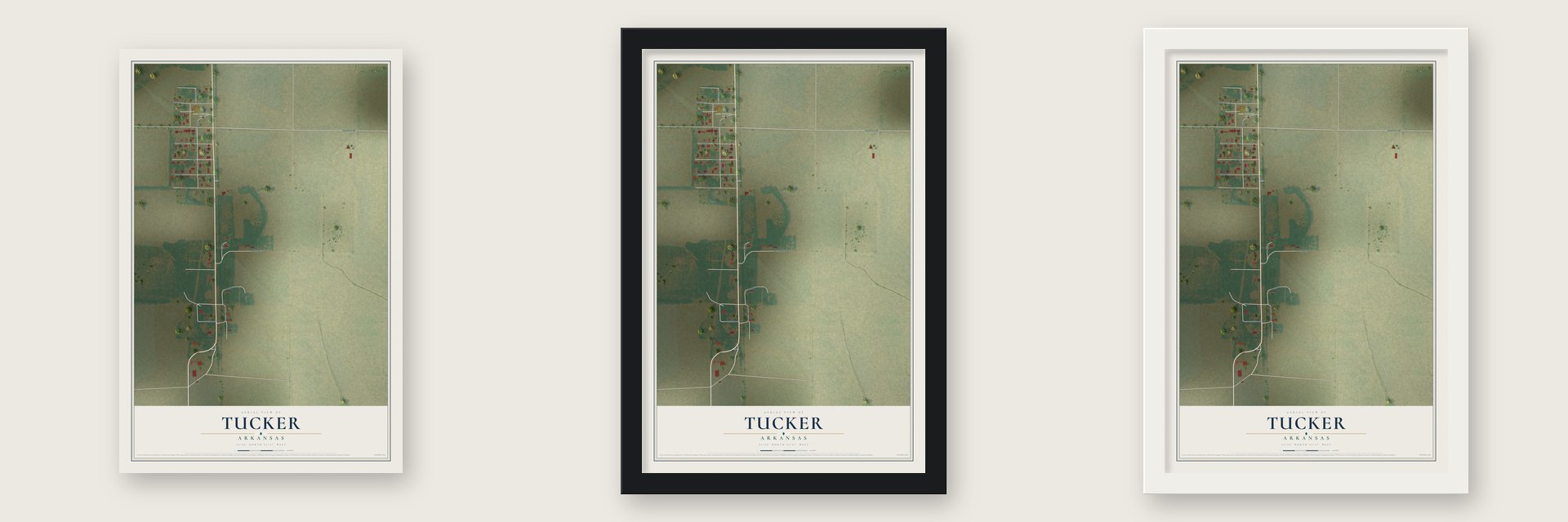 Tucker, Arkansas map unframed, in a black wood frame and in a white wood frame