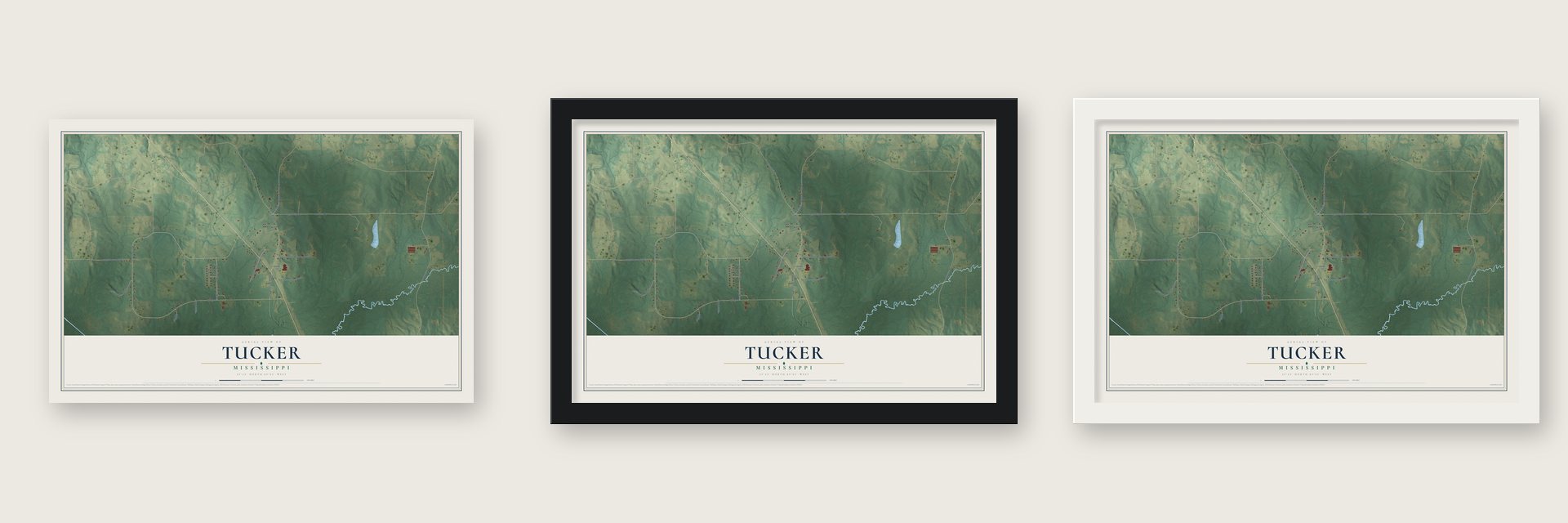 Tucker, Mississippi map unframed, in a black wood frame and in a white wood frame