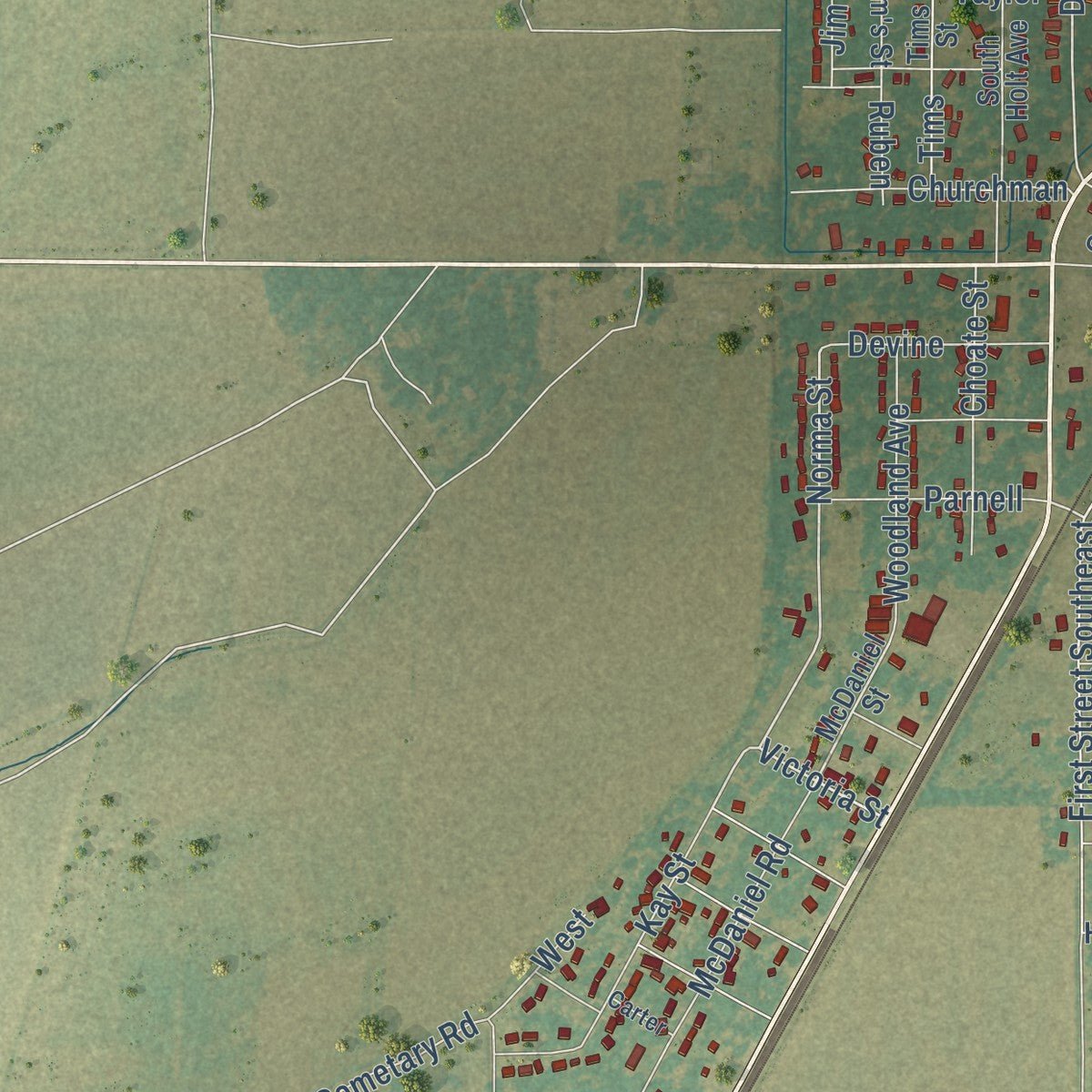 Second close-up of the map of Tuckerman, Arkansas print showing more streets and buildings