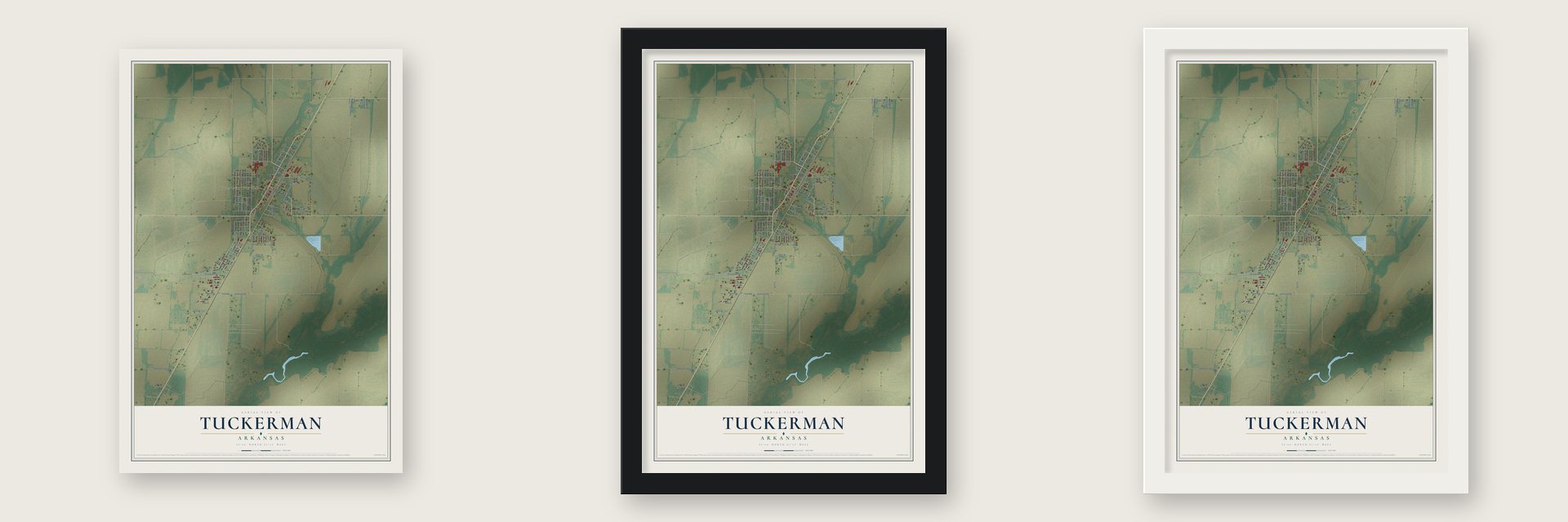 Tuckerman, Arkansas map unframed, in a black wood frame and in a white wood frame