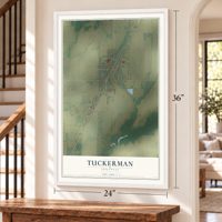 Tuckerman, Arkansas map, 24 x 36 inch print in a white frame by a staircase