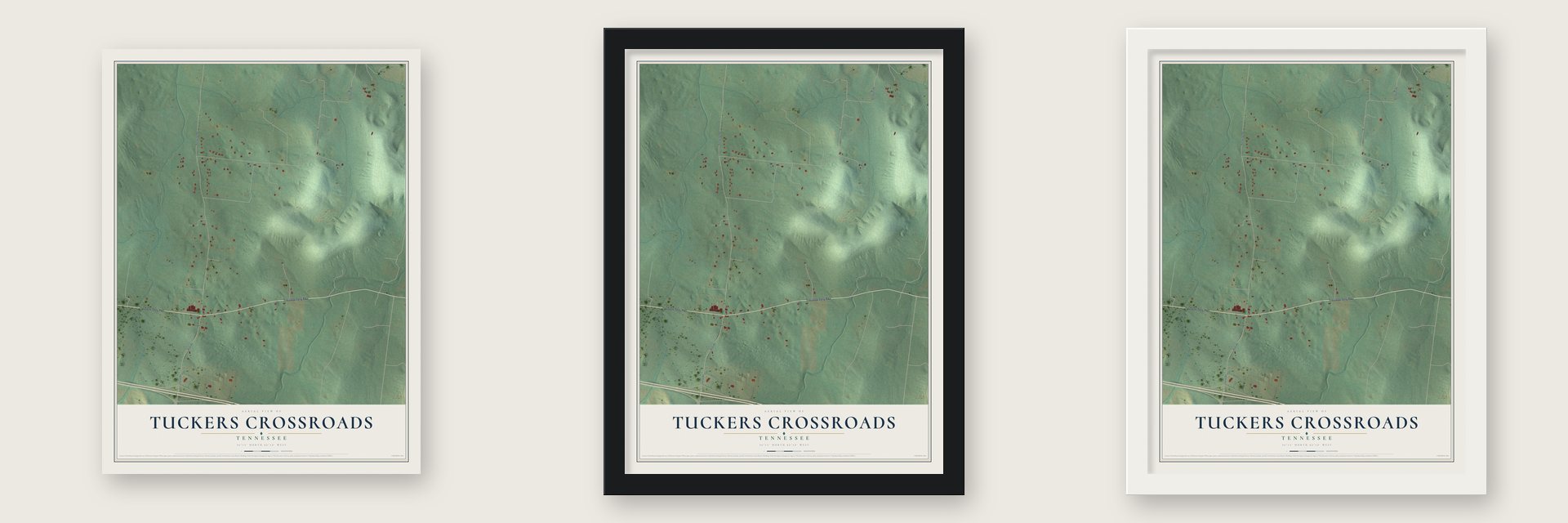 Tuckers Crossroads, Tennessee map unframed, in a black wood frame and in a white wood frame