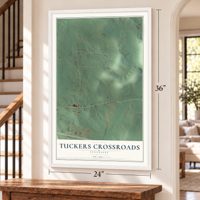 Tuckers Crossroads, Tennessee map, 24 x 36 inch print in a white frame by a staircase
