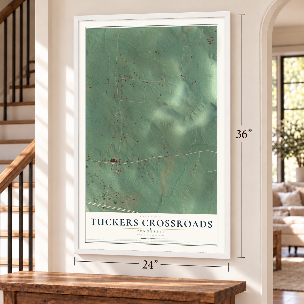 Tuckers Crossroads, Tennessee map, 24 x 36 inch print in a white frame by a staircase