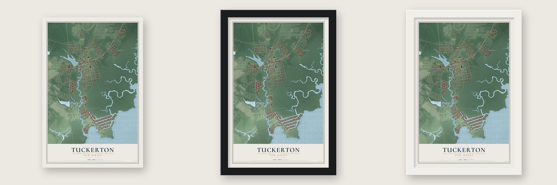 Tuckerton, New Jersey map unframed, in a black wood frame and in a white wood frame