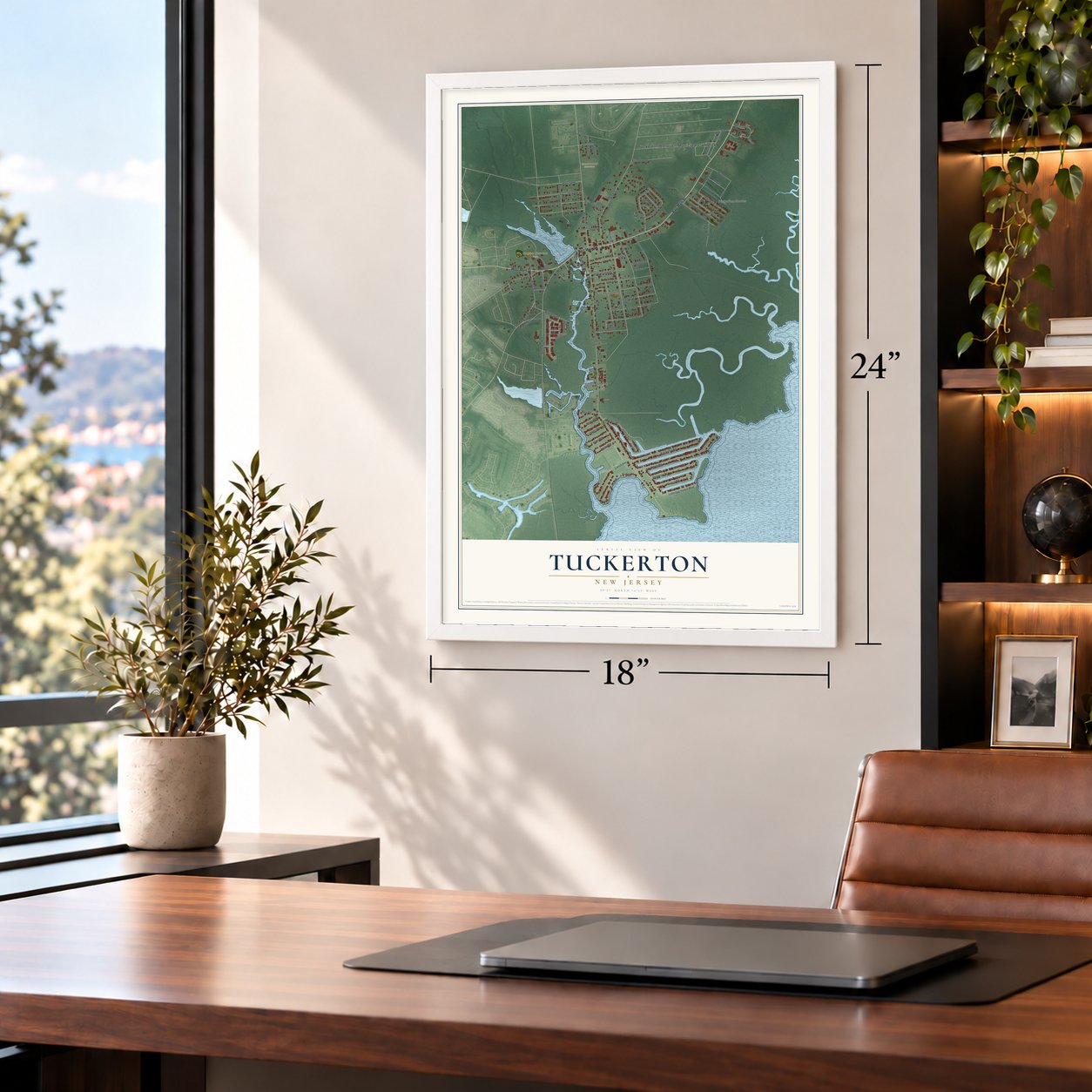 Tuckerton, New Jersey map, 18 x 24 inch print in a white frame in a home office