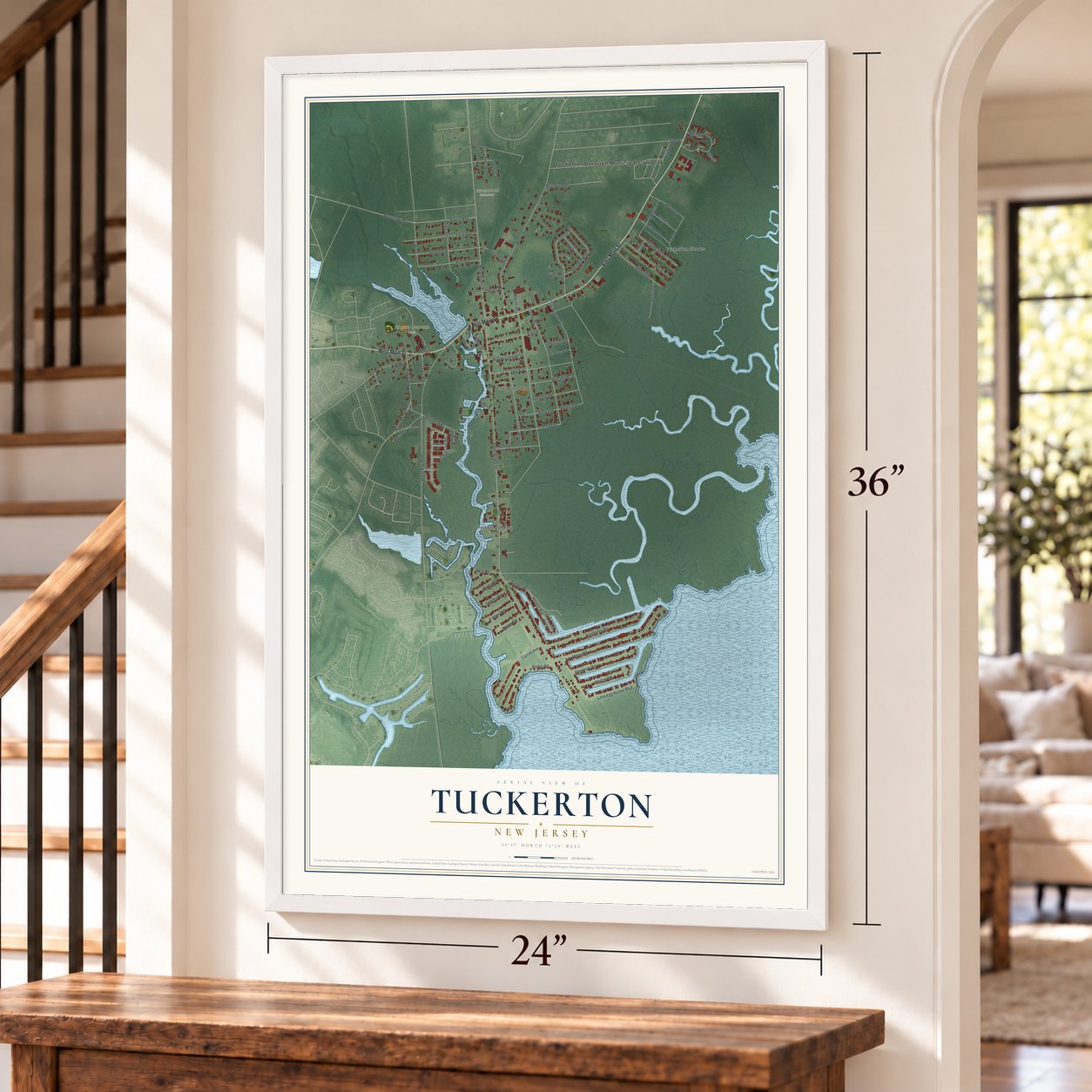 Tuckerton, New Jersey map, 24 x 36 inch print in a white frame by a staircase