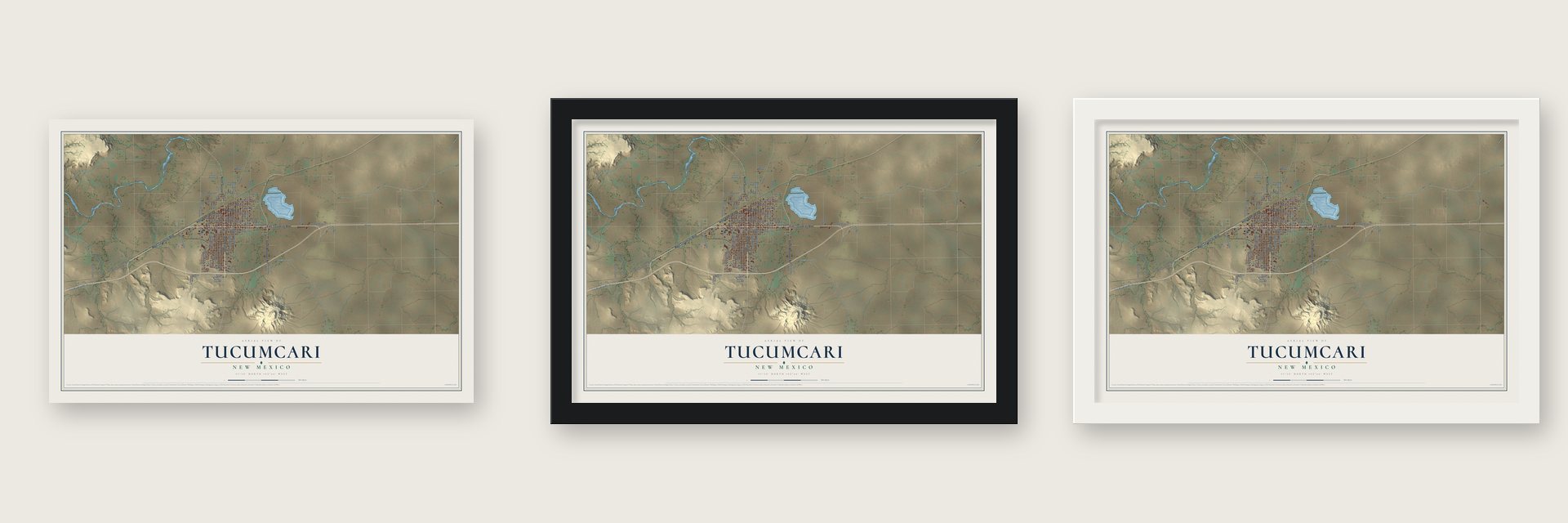 Tucumcari, New Mexico map unframed, in a black wood frame and in a white wood frame