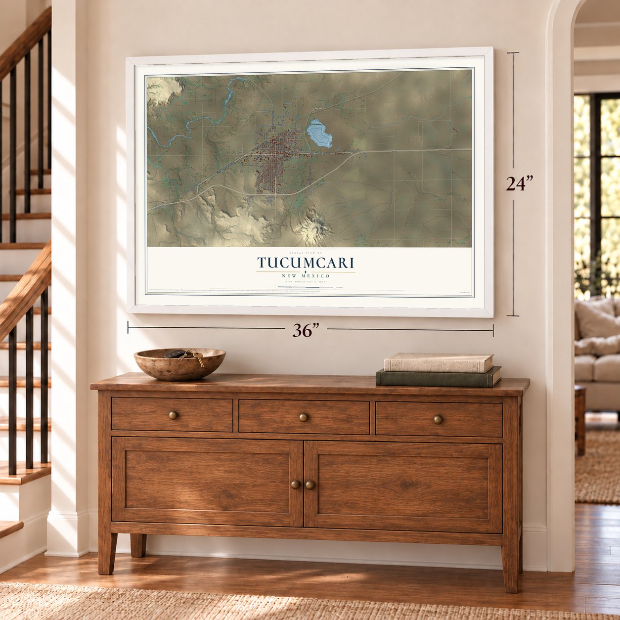 Tucumcari, New Mexico map, 24 x 36 inch print in a white frame above a dresser by a staircase