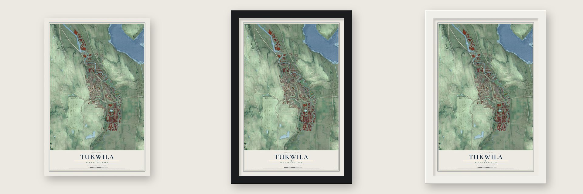 Tukwila, Washington map unframed, in a black wood frame and in a white wood frame