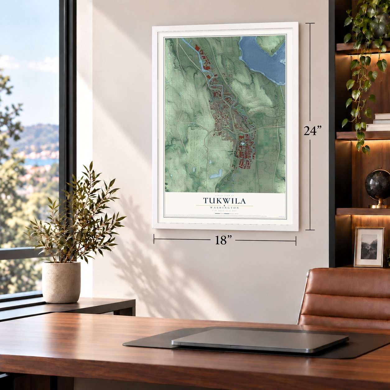 Tukwila, Washington map, 18 x 24 inch print in a white frame in a home office