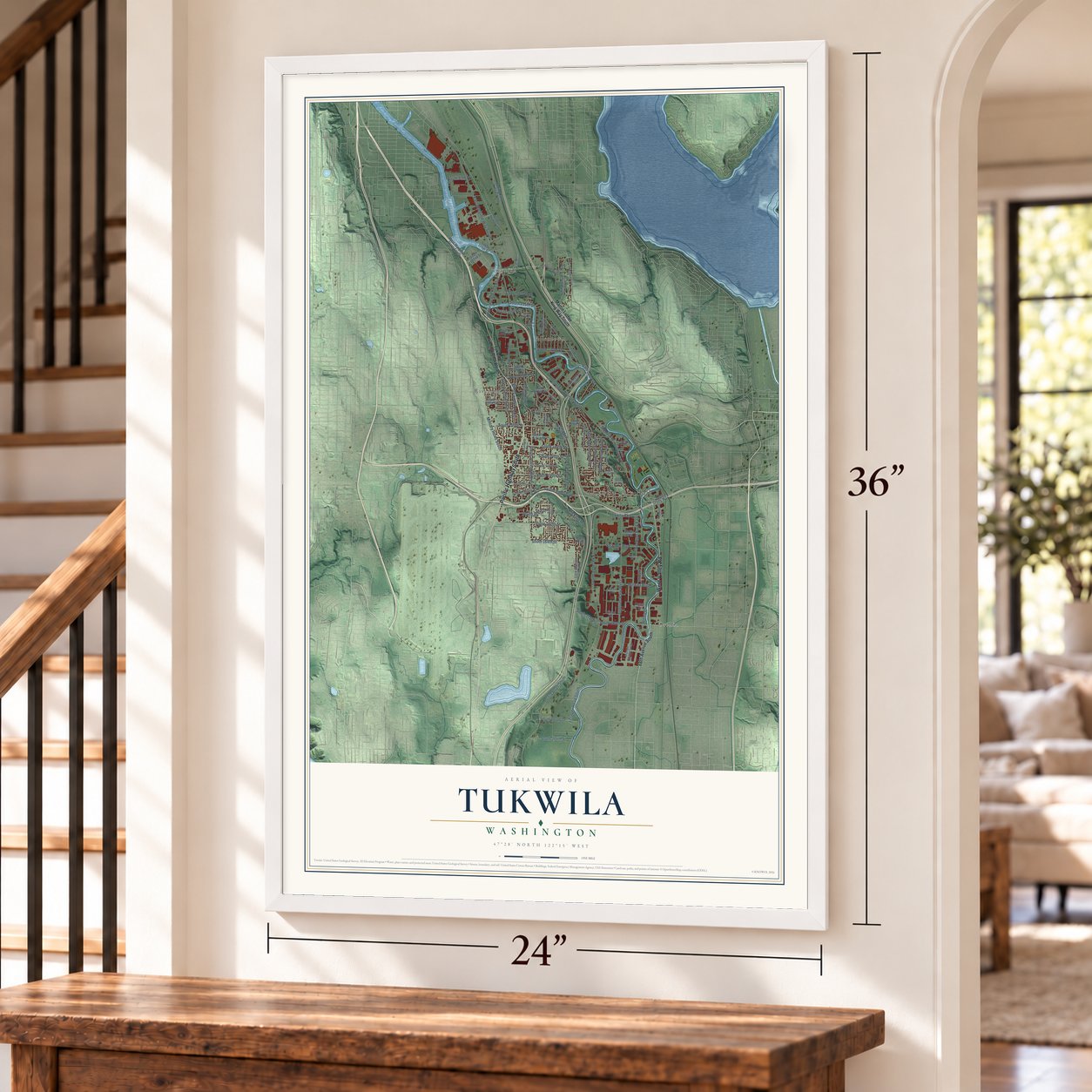Tukwila, Washington map, 24 x 36 inch print in a white frame by a staircase