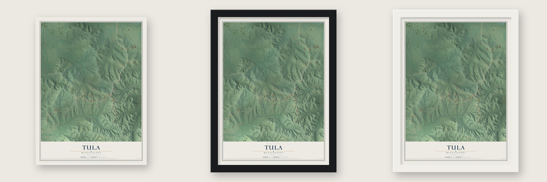 Tula, Mississippi map unframed, in a black wood frame and in a white wood frame