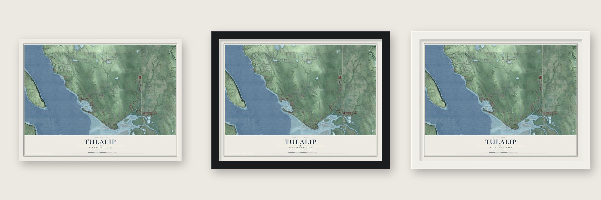 Tulalip, Washington map unframed, in a black wood frame and in a white wood frame