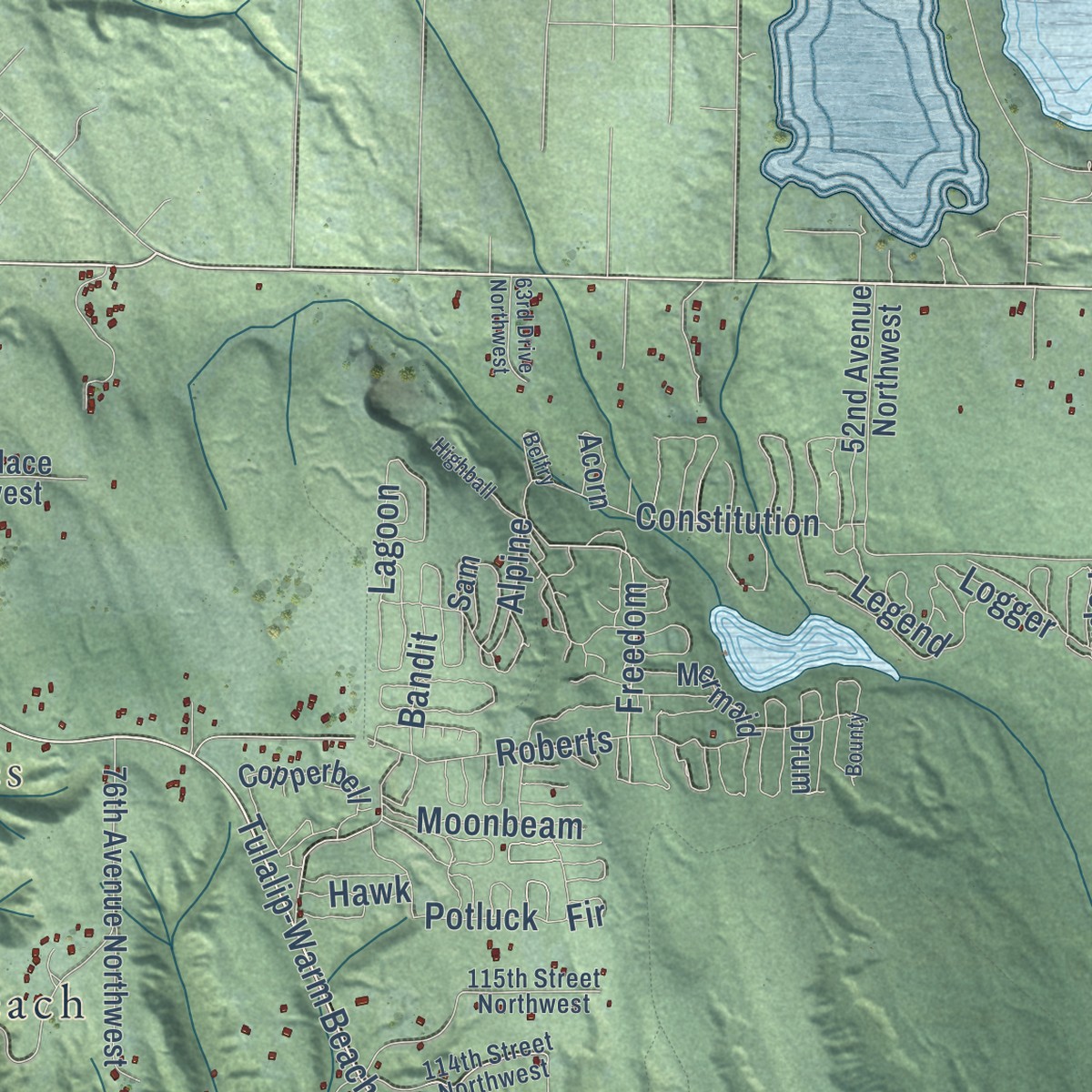 Second close-up of the map of Tulalip, Washington print showing more streets and buildings