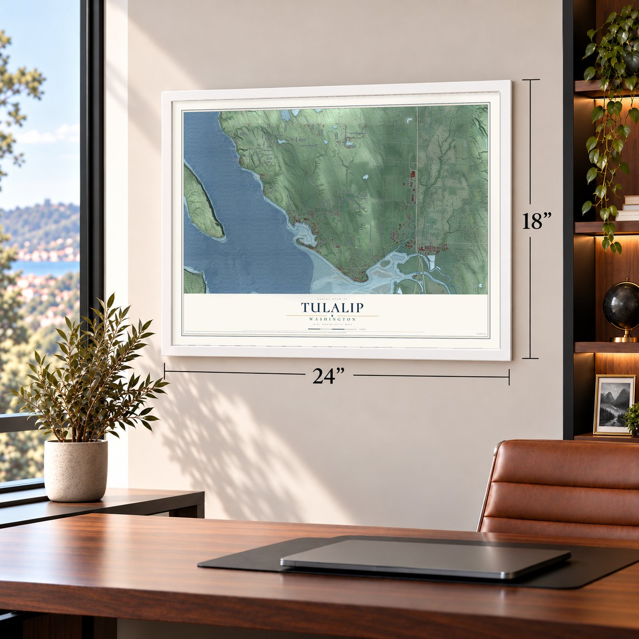 Tulalip, Washington map, 18 x 24 inch print in a white frame in a home office