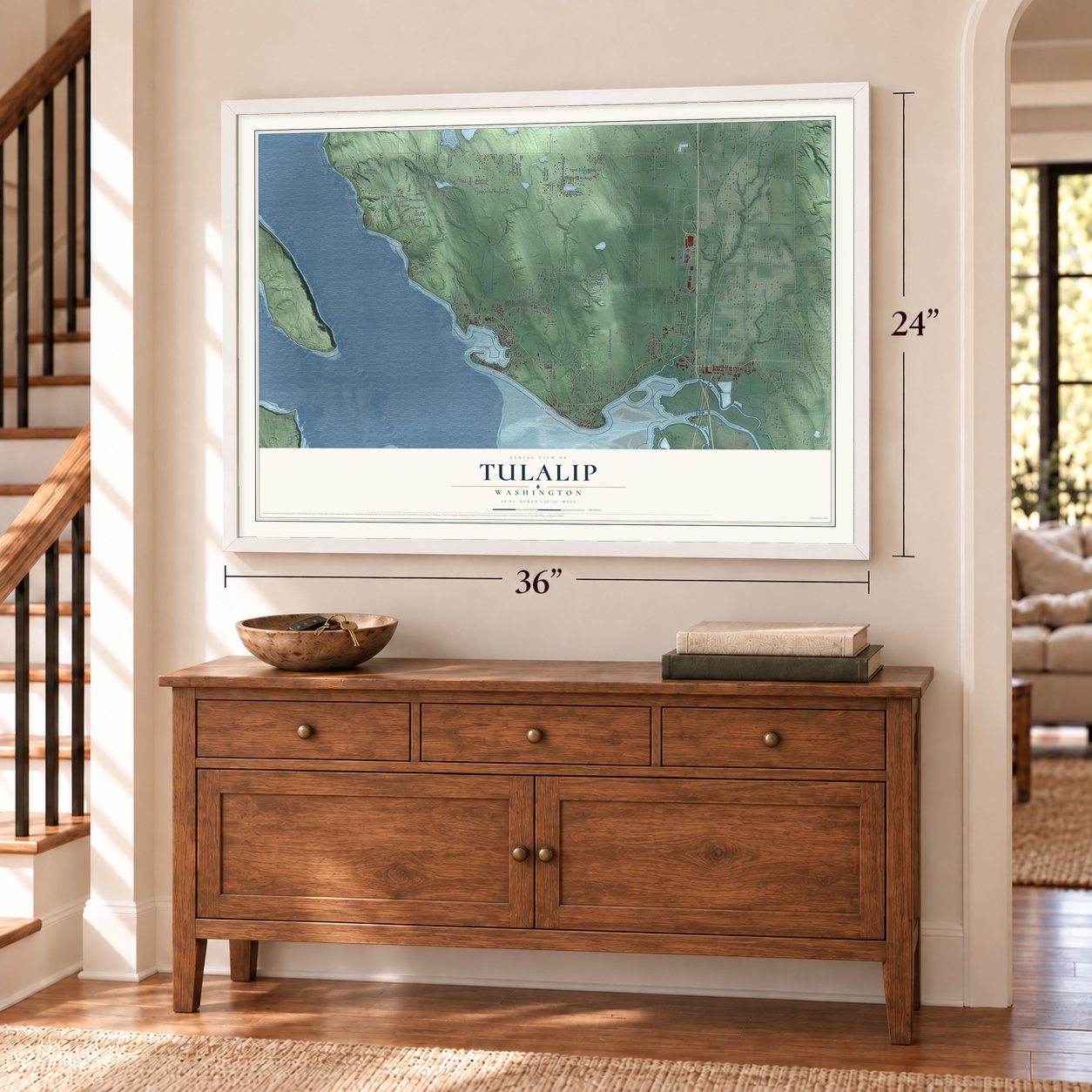 Tulalip, Washington map, 24 x 36 inch print in a white frame above a dresser by a staircase