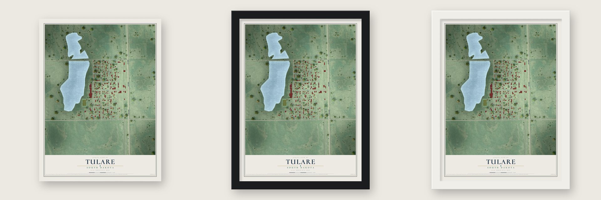 Tulare, South Dakota map unframed, in a black wood frame and in a white wood frame
