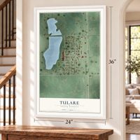 Tulare, South Dakota map, 24 x 36 inch print in a white frame by a staircase