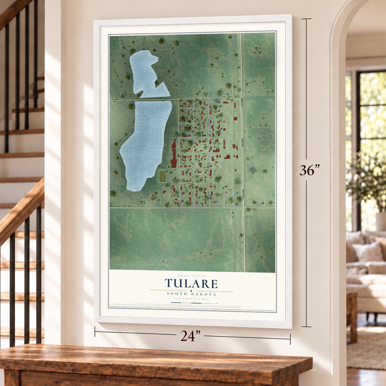 Tulare, South Dakota map, 24 x 36 inch print in a white frame by a staircase