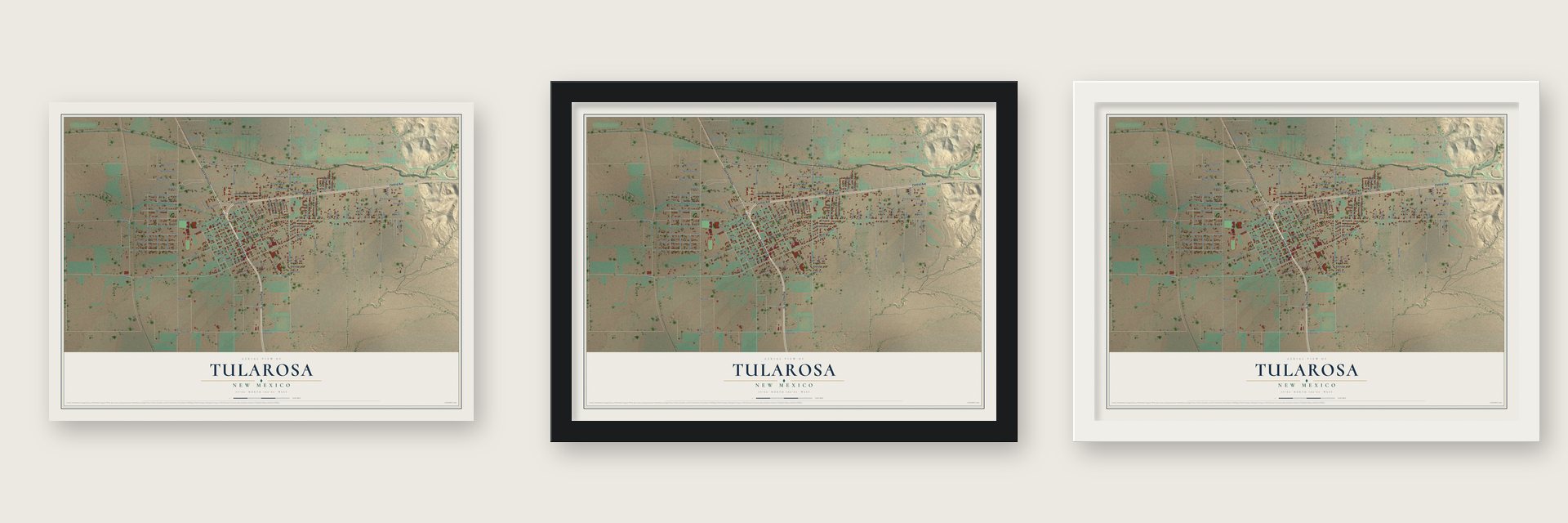 Tularosa, New Mexico map unframed, in a black wood frame and in a white wood frame