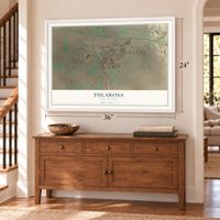 Tularosa, New Mexico map, 24 x 36 inch print in a white frame above a dresser by a staircase
