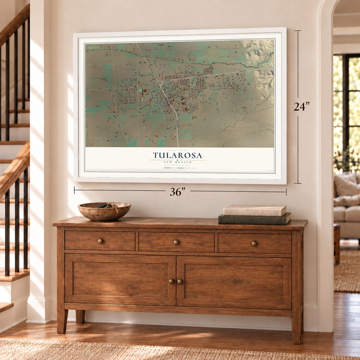 Tularosa, New Mexico map, 24 x 36 inch print in a white frame above a dresser by a staircase