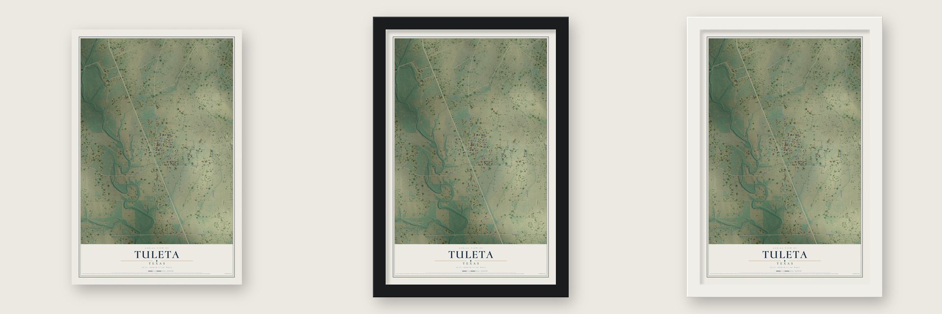 Tuleta, Texas map unframed, in a black wood frame and in a white wood frame