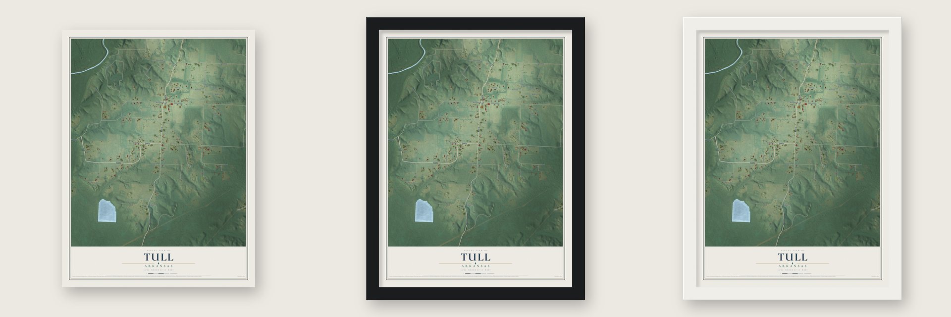 Tull, Arkansas map unframed, in a black wood frame and in a white wood frame