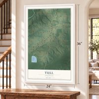 Tull, Arkansas map, 24 x 36 inch print in a white frame by a staircase