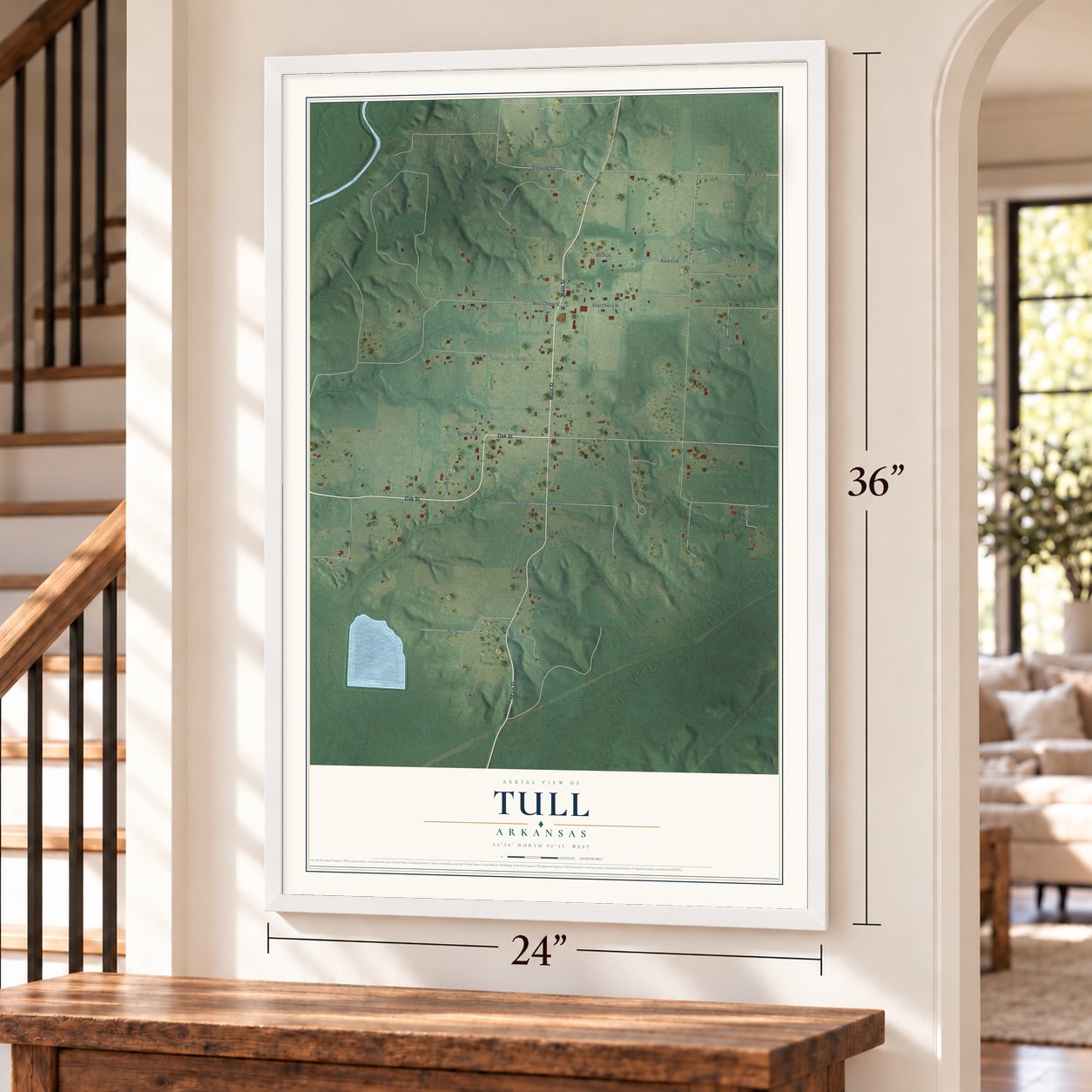 Tull, Arkansas map, 24 x 36 inch print in a white frame by a staircase