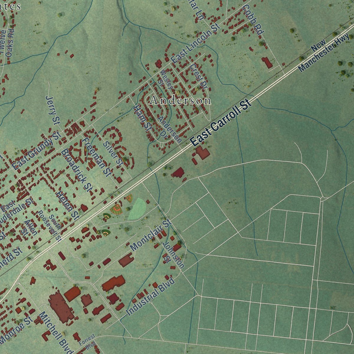 Second close-up of the map of Tullahoma, Tennessee print showing more streets and buildings