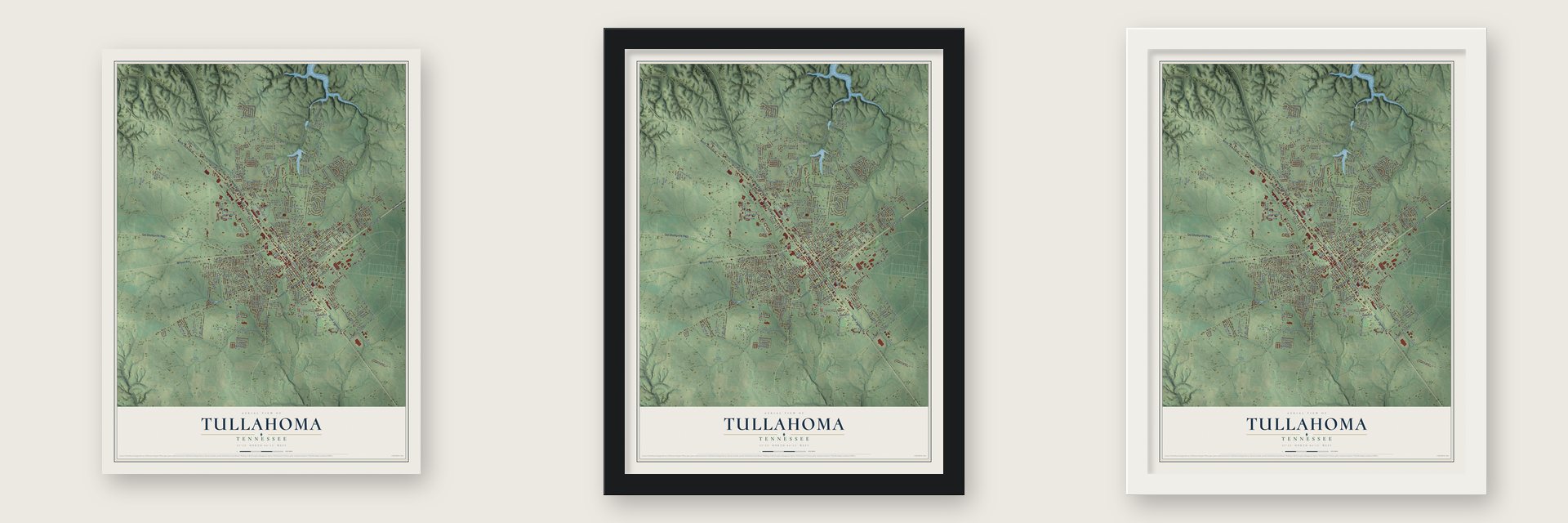 Tullahoma, Tennessee map unframed, in a black wood frame and in a white wood frame