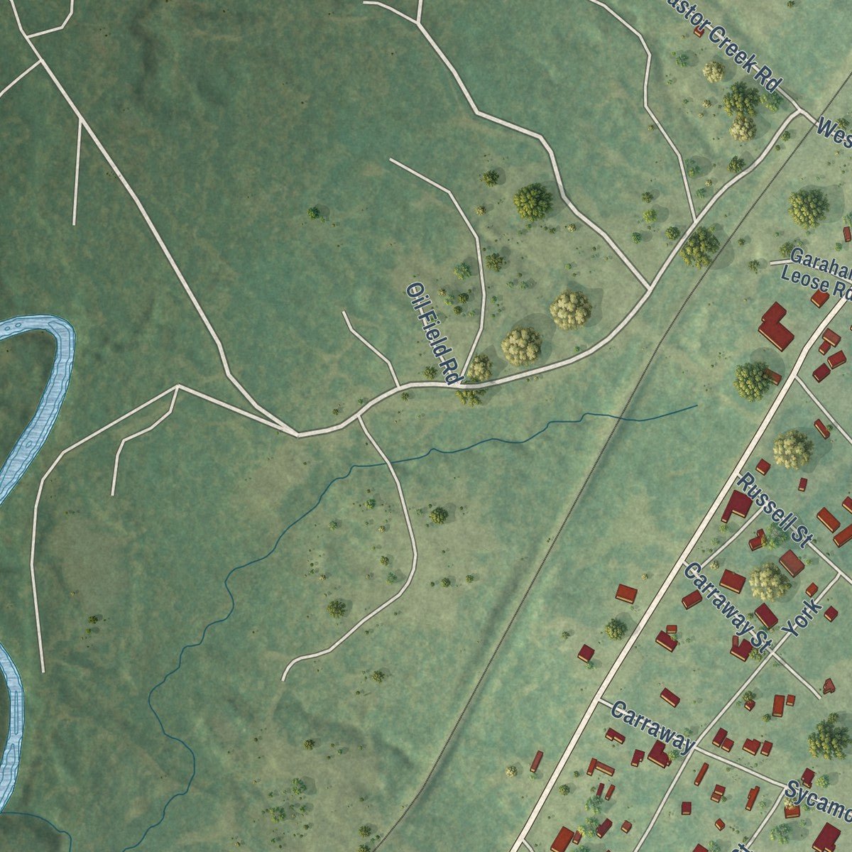 Second close-up of the map of Tullos, Louisiana print showing more streets and buildings