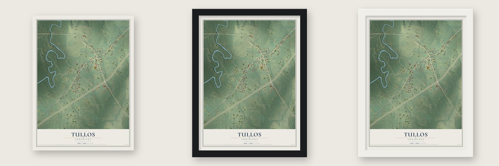 Tullos, Louisiana map unframed, in a black wood frame and in a white wood frame