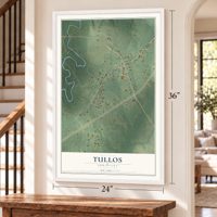 Tullos, Louisiana map, 24 x 36 inch print in a white frame by a staircase