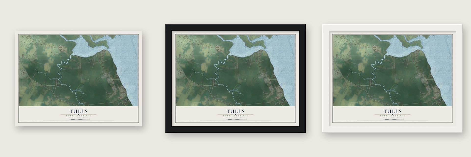 Tulls, North Carolina map unframed, in a black wood frame and in a white wood frame