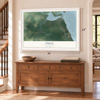 Tulls, North Carolina map, 24 x 36 inch print in a white frame above a dresser by a staircase