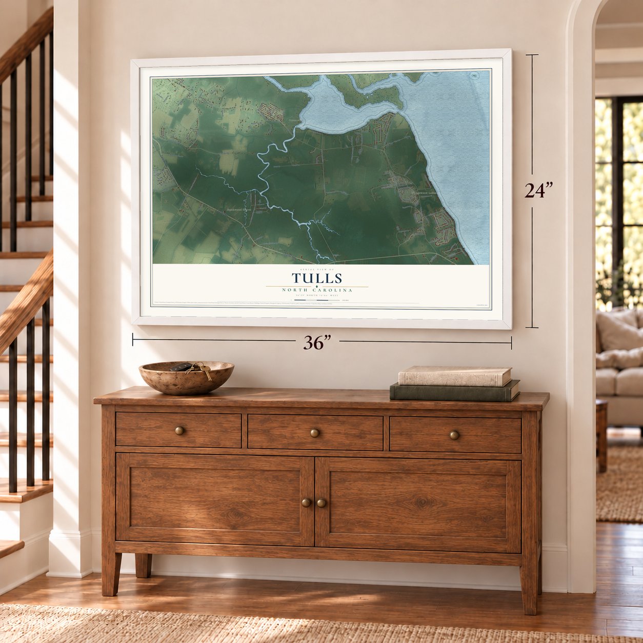 Tulls, North Carolina map, 24 x 36 inch print in a white frame above a dresser by a staircase
