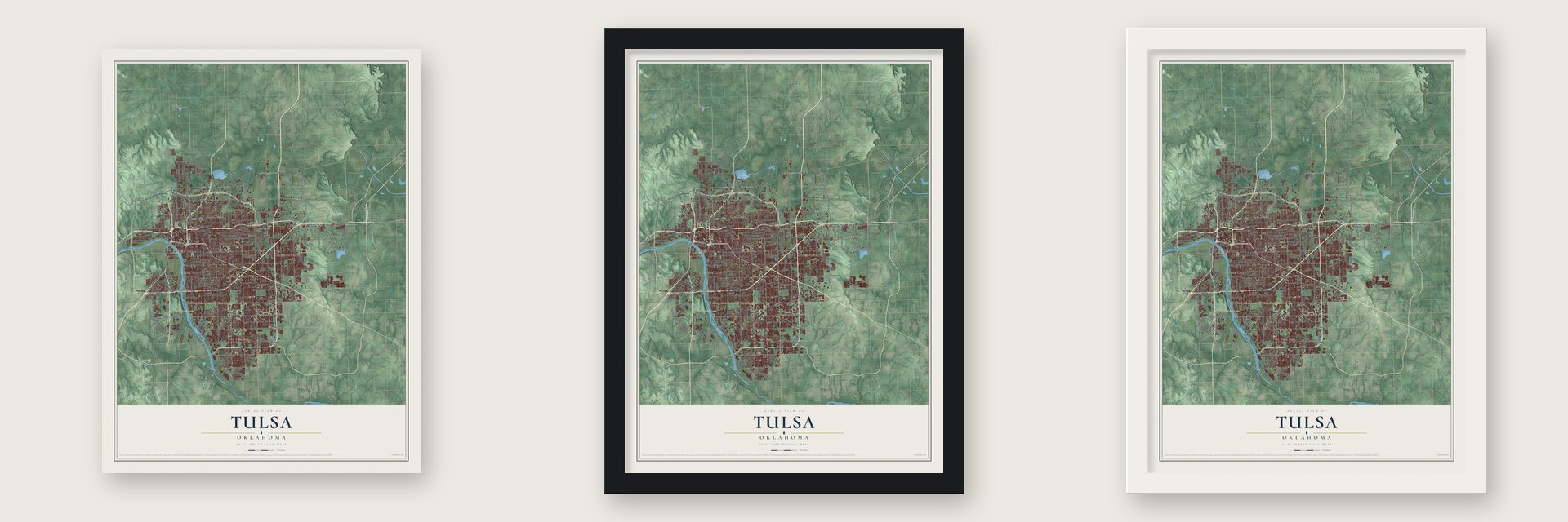 Tulsa, Oklahoma map unframed, in a black wood frame and in a white wood frame