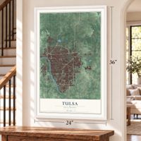 Tulsa, Oklahoma map, 24 x 36 inch print in a white frame by a staircase