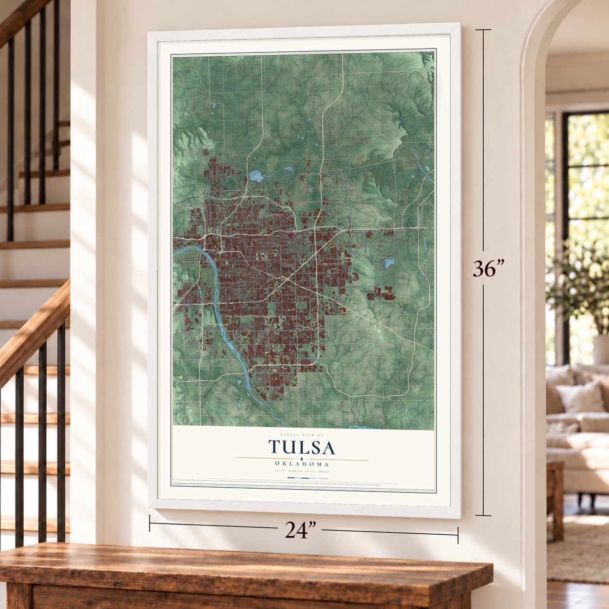 Tulsa, Oklahoma map, 24 x 36 inch print in a white frame by a staircase