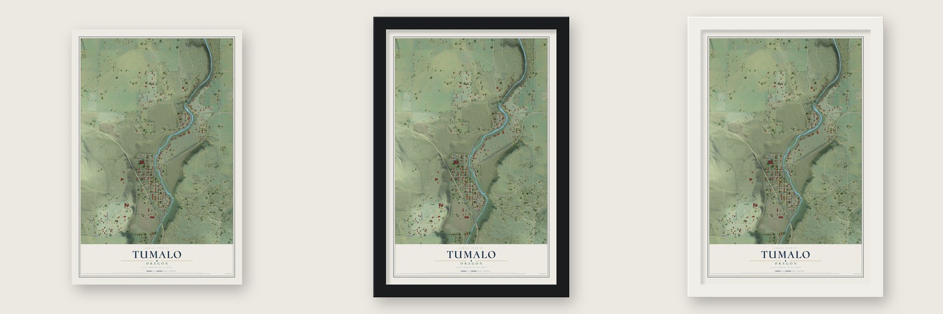 Tumalo, Oregon map unframed, in a black wood frame and in a white wood frame