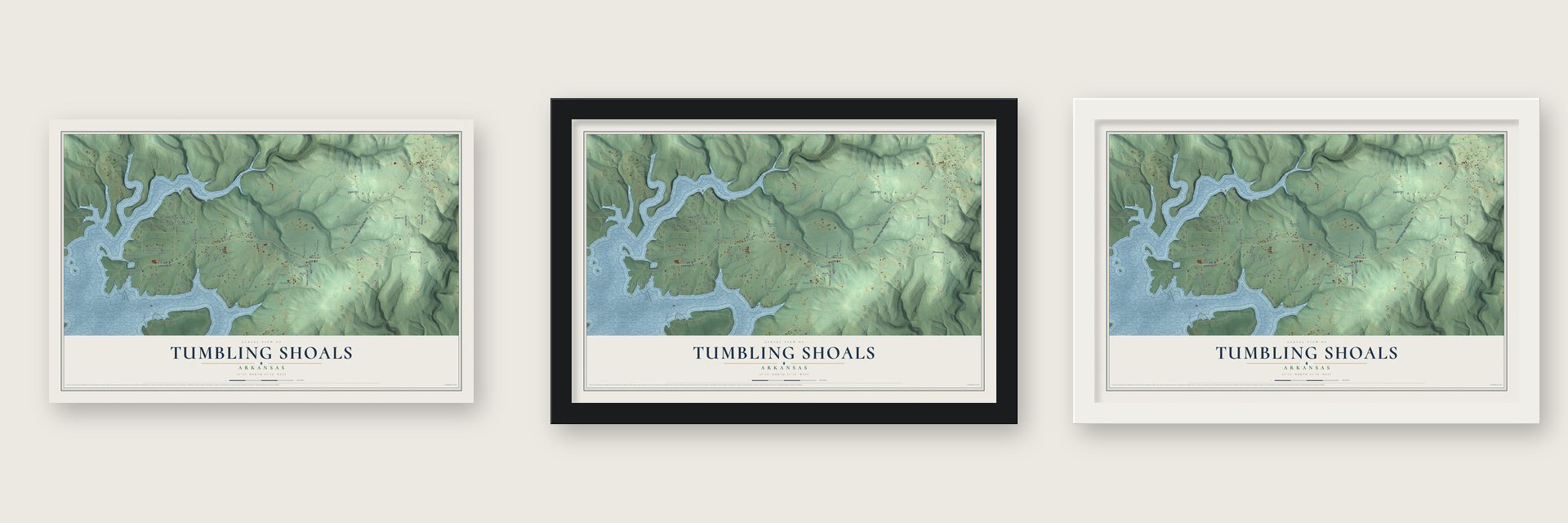 Tumbling Shoals, Arkansas map unframed, in a black wood frame and in a white wood frame