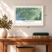 Tumbling Shoals, Arkansas map, 12 x 18 inch print in a white frame in an entryway