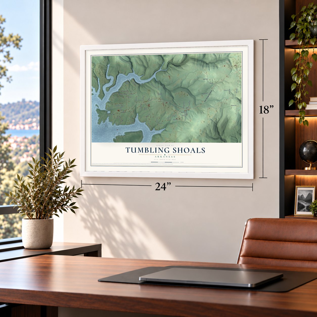 Tumbling Shoals, Arkansas map, 18 x 24 inch print in a white frame in a home office