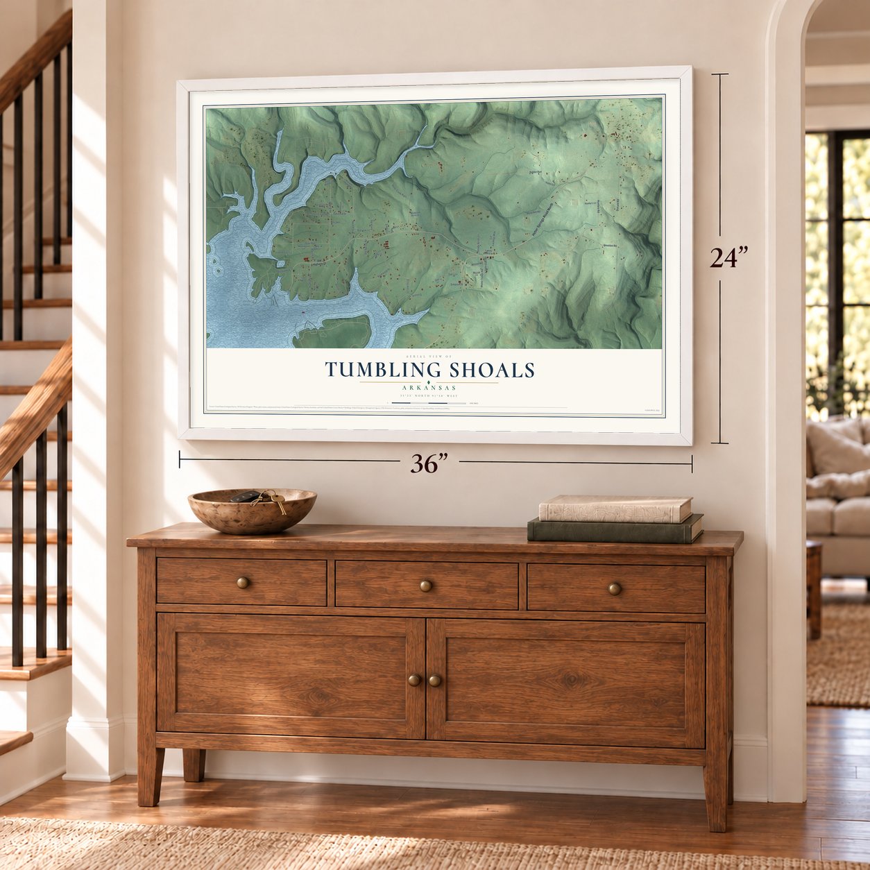 Tumbling Shoals, Arkansas map, 24 x 36 inch print in a white frame above a dresser by a staircase