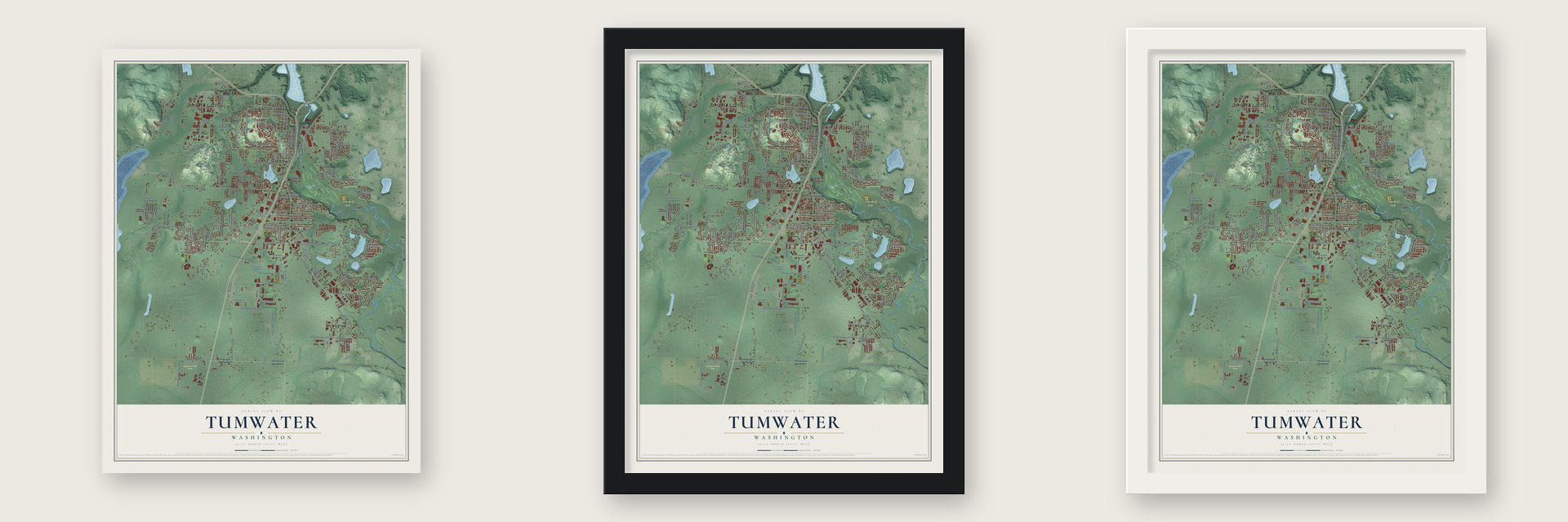 Tumwater, Washington map unframed, in a black wood frame and in a white wood frame