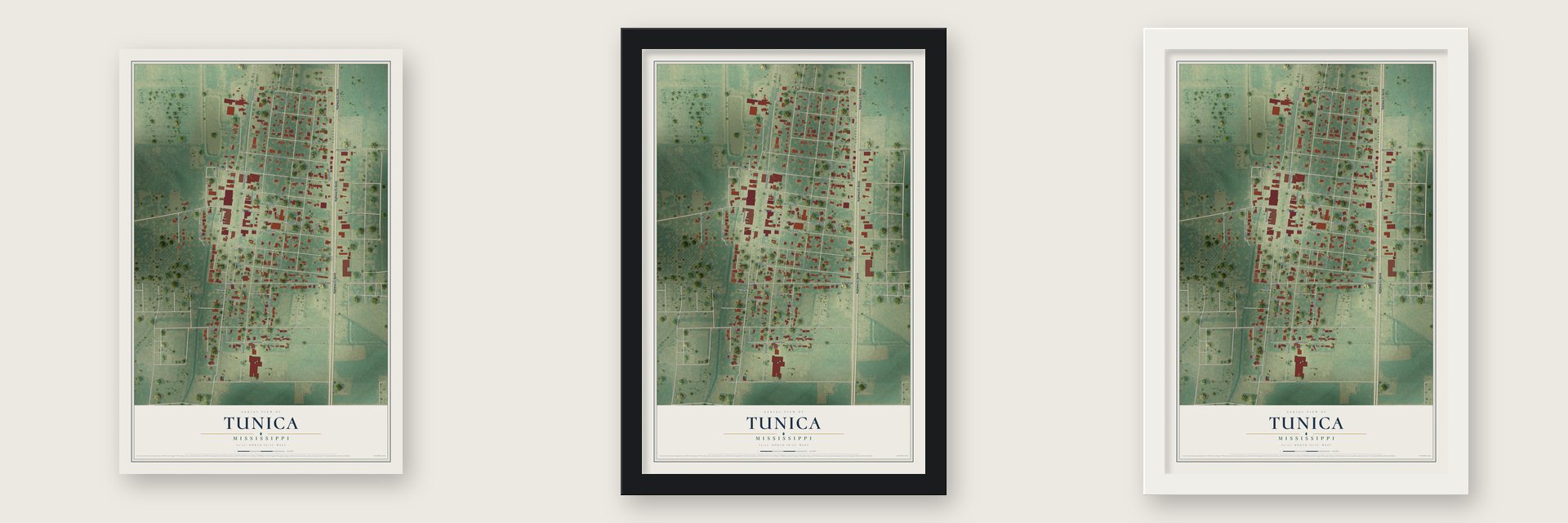 Tunica, Mississippi map unframed, in a black wood frame and in a white wood frame